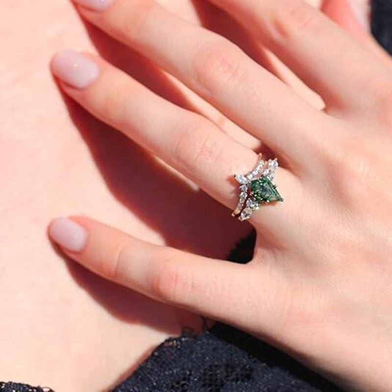 2pcs Fashion Rings Natural Green Moss Stone Agate Ring For Women Personalized Jewelry - prestigepearls