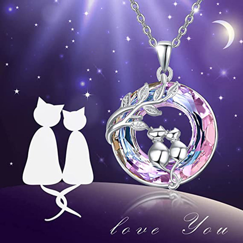 Fashion Purple Crystal Cat Necklace For Women Girls Cute Kitty Kitten Pendant PrestigePearls