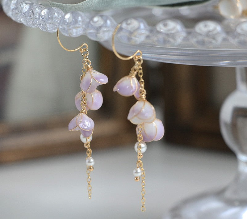 Handmade Flower Bell Orchid Petal Flower Long Tassel Earrings PrestigePearls