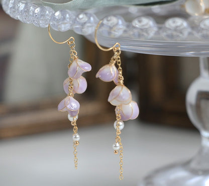 Handmade Flower Bell Orchid Petal Flower Long Tassel Earrings PrestigePearls