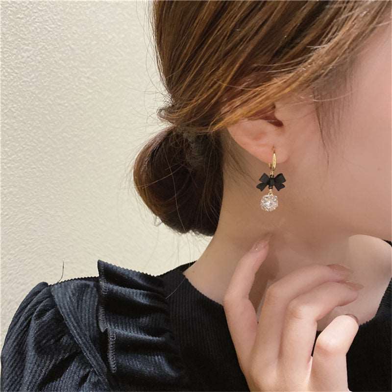 925 Silver Post C Shape Black Bow Zirconia Earrings