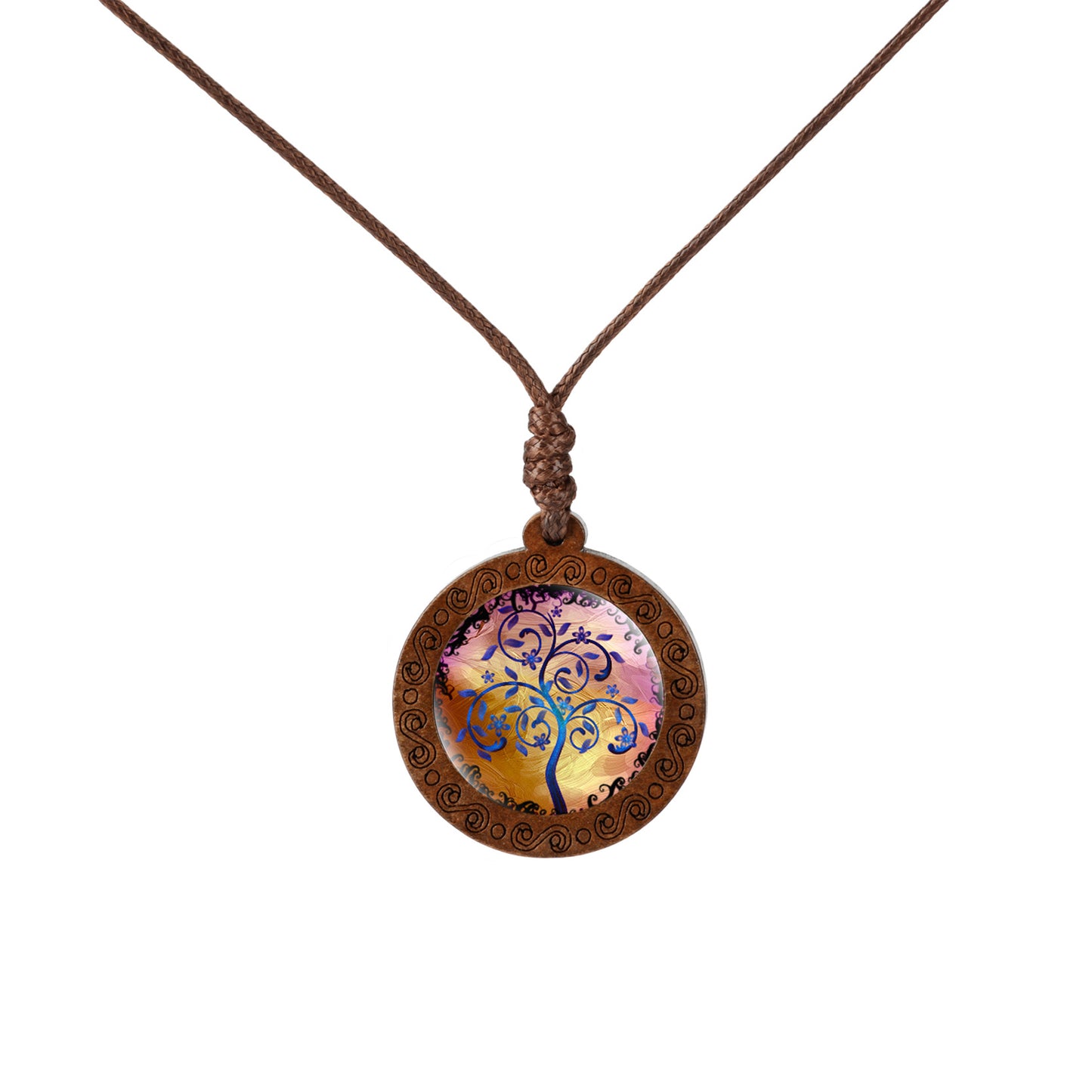 Wood Tree Of Life Time Stone Glass Pendant Necklace PrestigePearls