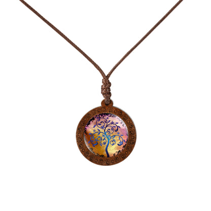 Wood Tree Of Life Time Stone Glass Pendant Necklace PrestigePearls