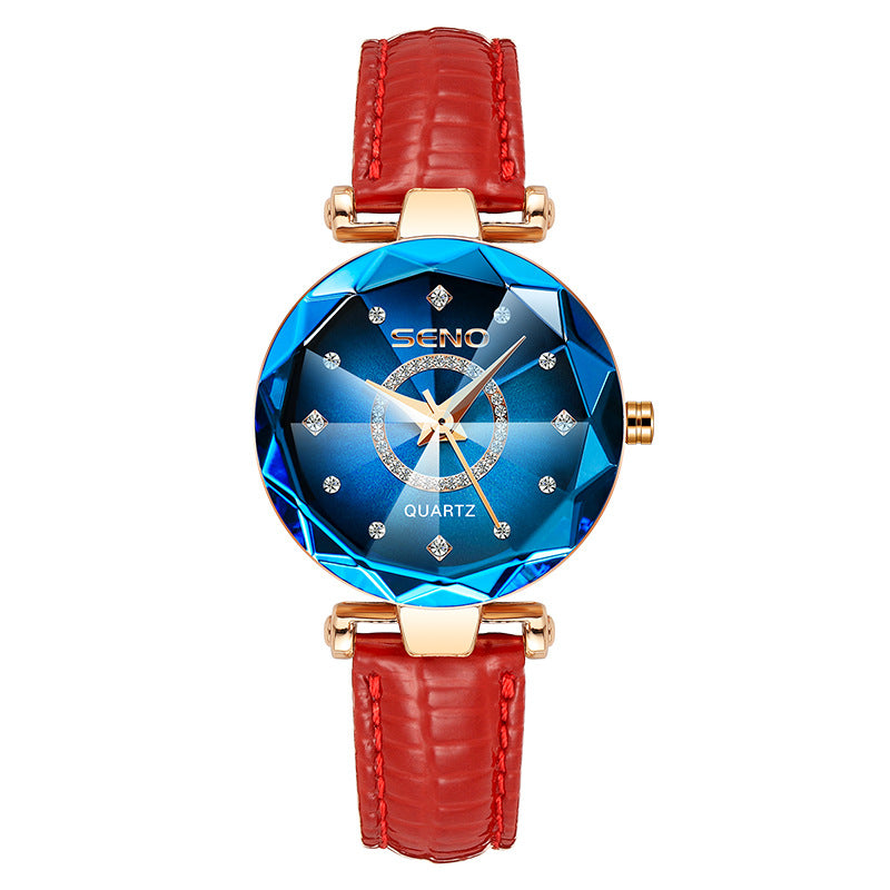 SENO__ Starry Diamond Face Bright Polygonal Glass Solid Stainless Steel Strap  Watch PrestigePearls