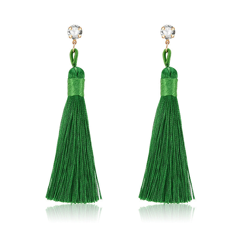 Rhinestone  Female Long Green Tassel Personalized Earrings PrestigePearls