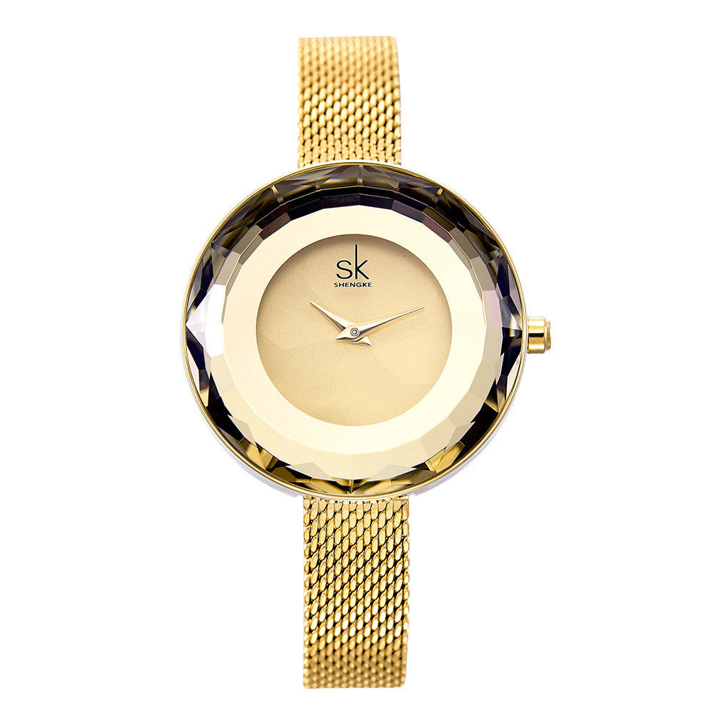 SHENGKE__ Lady's New Pattern Glass Simple Mesh Belt Quartz Watch PrestigePearls