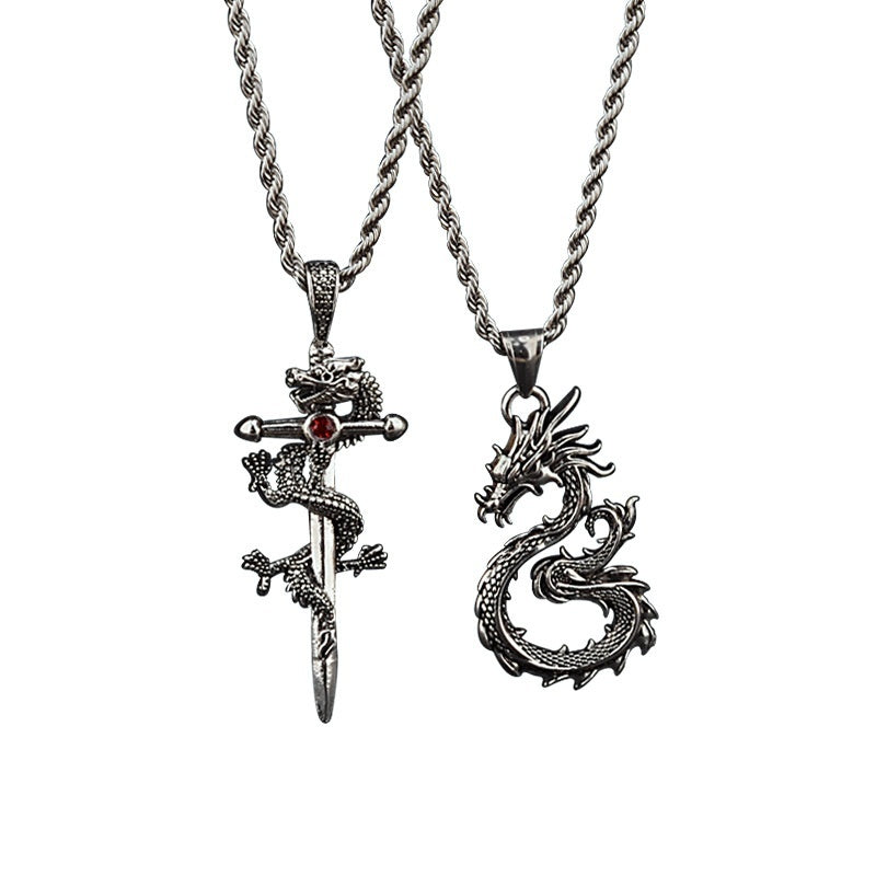 Fashion Jewelry Dragon Sword Pendant Necklace Paved Black Color Jewelry For Men Boy Christmas Gifts PrestigePearls