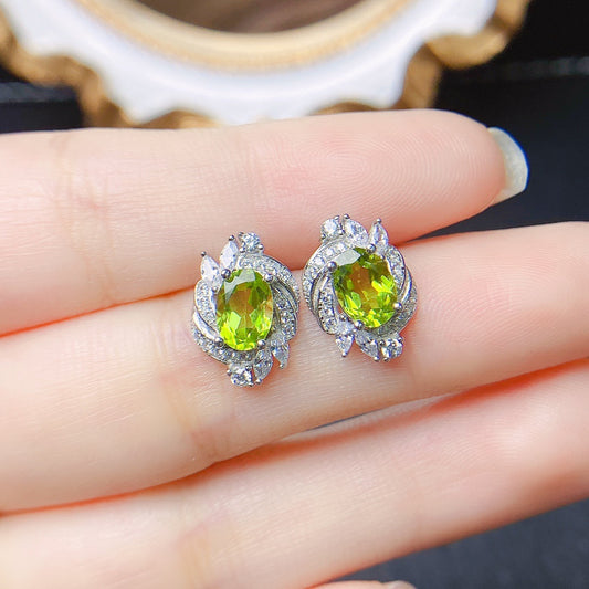 Natural Olivine Stud Earrings S925 Silver Inlaid Main Stone PrestigePearls