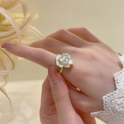 Temperament Camellia Ring Pearl Inlaid Ring Opening - prestigepearls