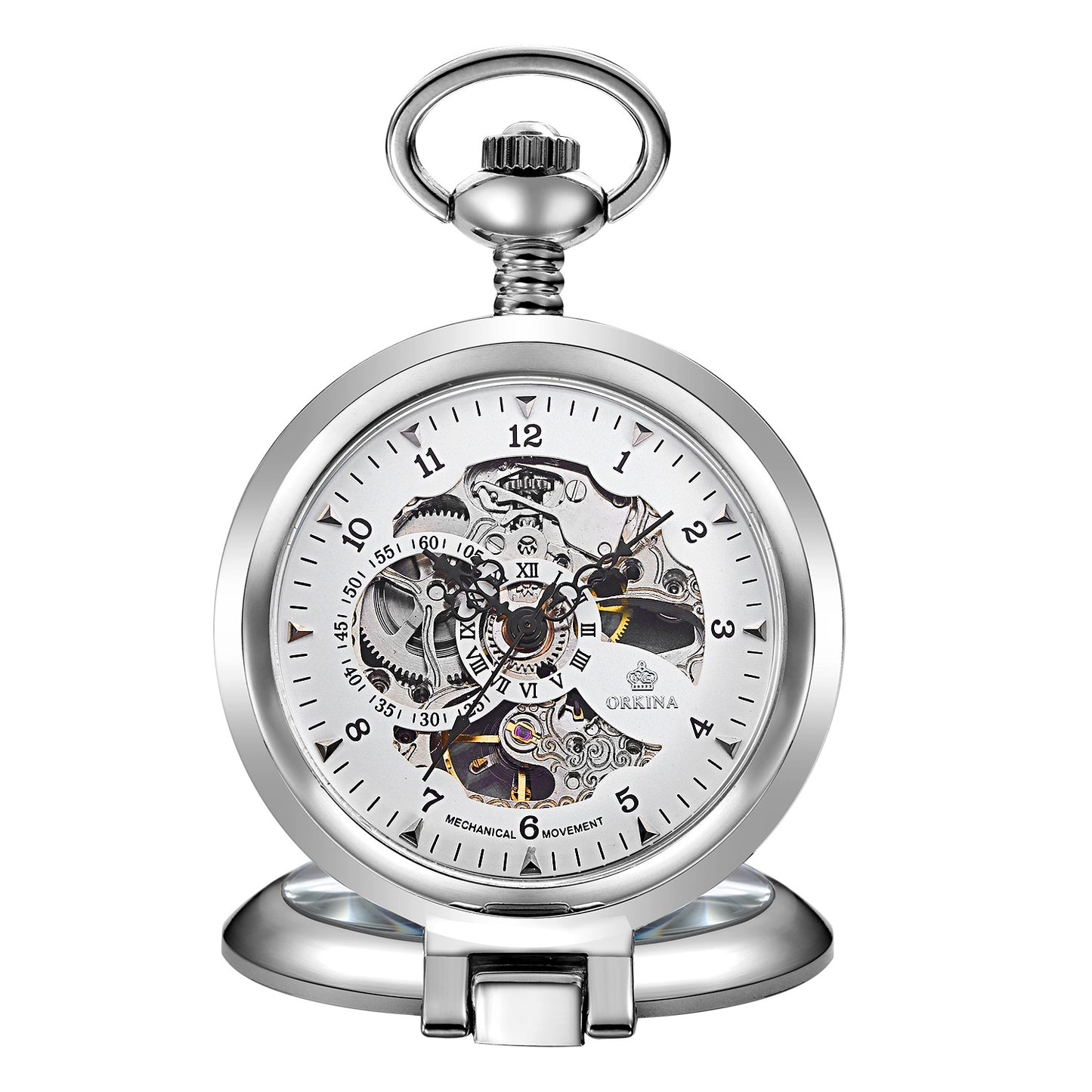 ORKINA-- Flip Manual Mechanical Pocket Watch Roman Engraved Skeleton PrestigePearls