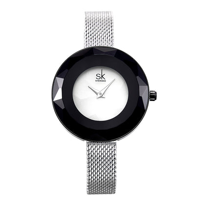 SHENGKE__ Lady's New Pattern Glass Simple Mesh Belt Quartz Watch PrestigePearls