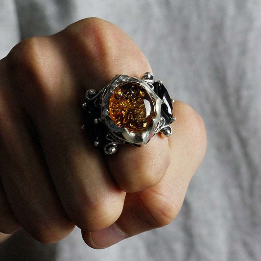 925 Thai Silver Rings Retro Gem Black Stone Amber