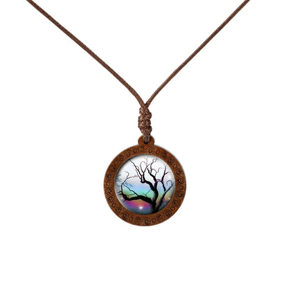 Wood Tree Of Life Time Stone Glass Pendant Necklace PrestigePearls