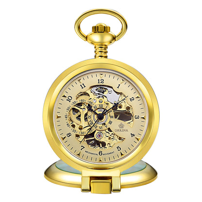 ORKINA-- Flip Manual Mechanical Pocket Watch Roman Engraved Skeleton PrestigePearls