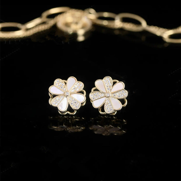 Silver Pin Micro Zirconia Swivel Love Flower Mother-of-pearl Earrings PrestigePearls