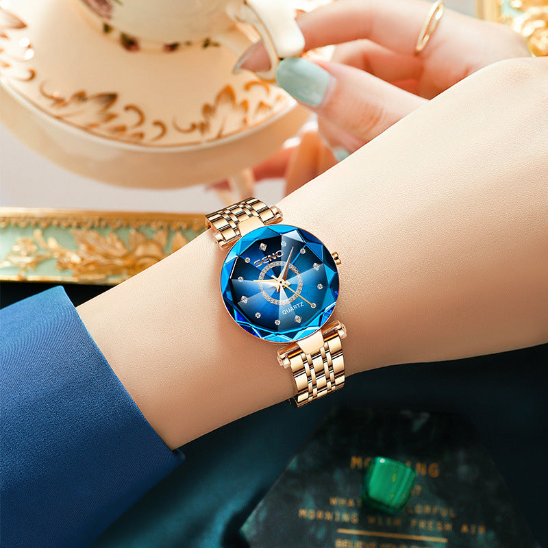 SENO__ Starry Diamond Face Bright Polygonal Glass Solid Stainless Steel Strap  Watch PrestigePearls