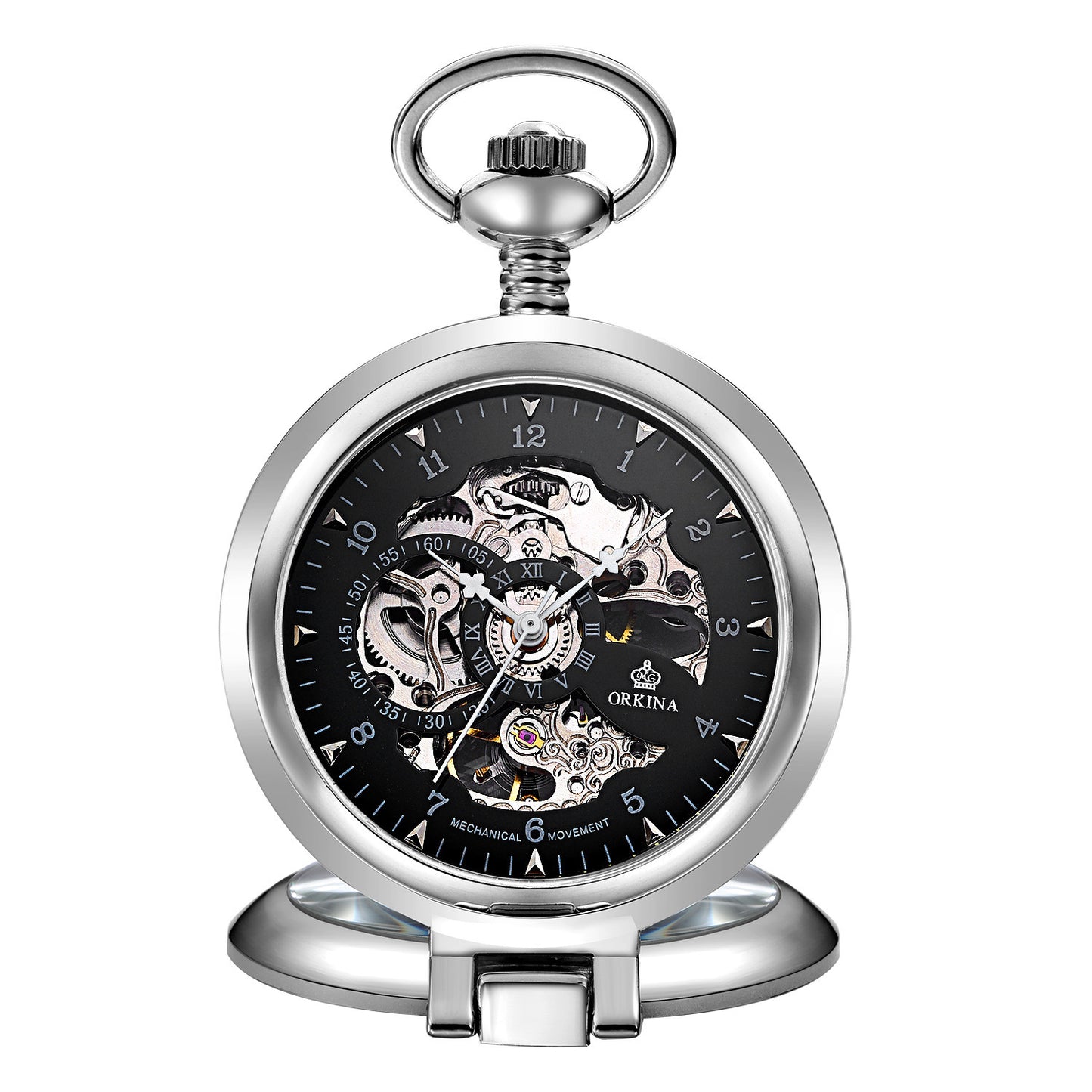 ORKINA-- Flip Manual Mechanical Pocket Watch Roman Engraved Skeleton PrestigePearls