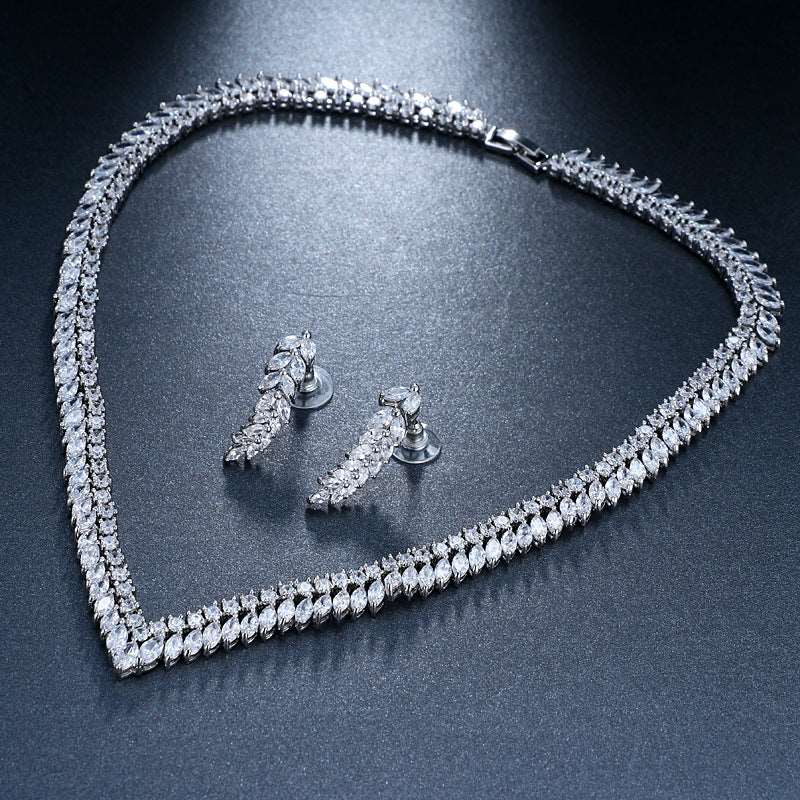 Bridal Wedding Jewelry Zircon Leaf Necklace Earrings