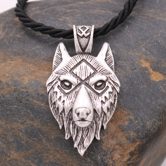 Viking Wolf Head Metal Necklace Luna Rune Amulet - prestigepearls