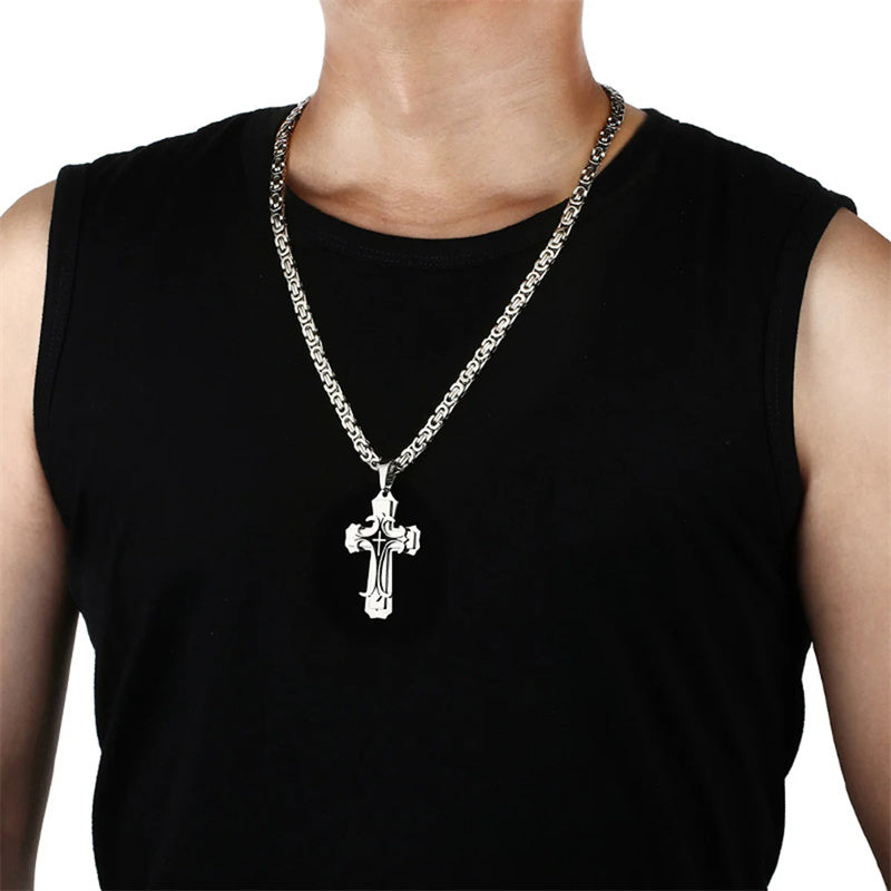 Fashion Jewelry Christian Trinity Latin Cross Necklace For Men Stainless Steel Three Layers Cross Pendants Necklaces Jewelry Gift PrestigePearls