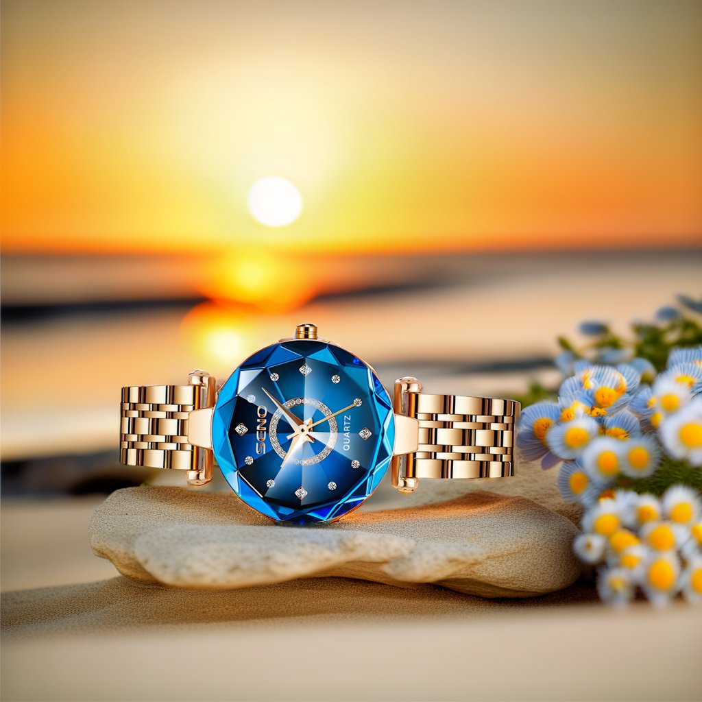 SENO__ Starry Diamond Face Bright Polygonal Glass Solid Stainless Steel Strap  Watch PrestigePearls