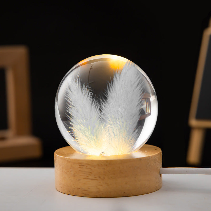 LED Night Light Flower Crystal Ball Children Night Lamp With Woodern Base Bedroom Ambient Light Creative Gift Night Light - prestigepearls