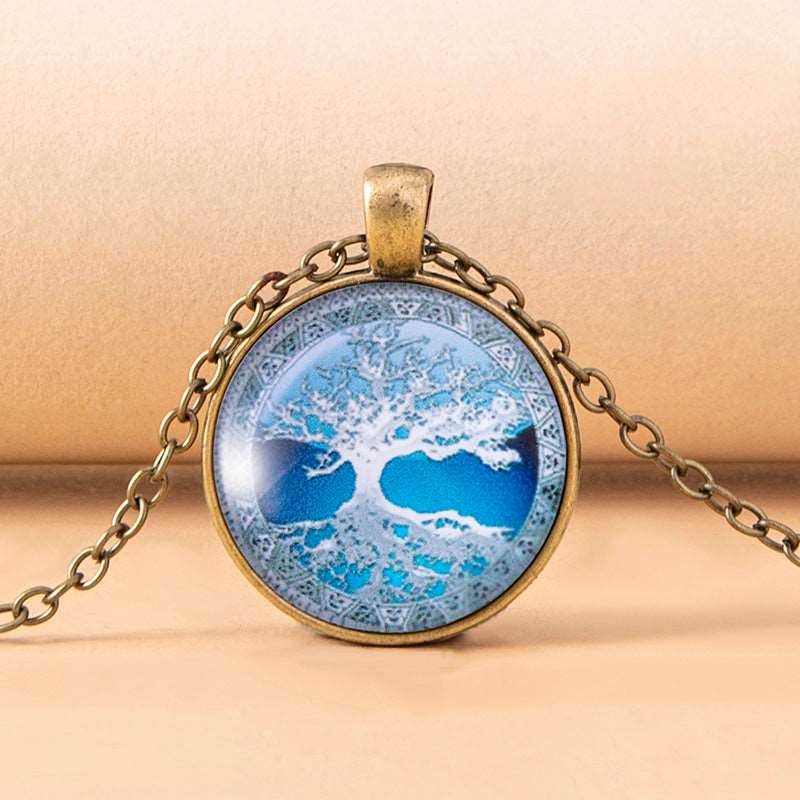 Blue Tree Of Life Glass Dome Cabochon Pendant Necklace - prestigepearls