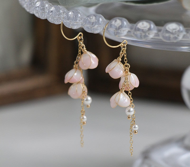 Handmade Flower Bell Orchid Petal Flower Long Tassel Earrings PrestigePearls