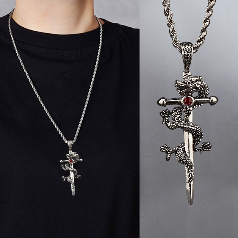 Fashion Jewelry Dragon Sword Pendant Necklace Paved Black Color Jewelry For Men Boy Christmas Gifts PrestigePearls