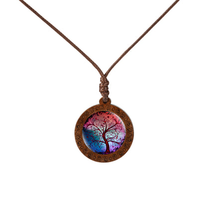 Wood Tree Of Life Time Stone Glass Pendant Necklace PrestigePearls