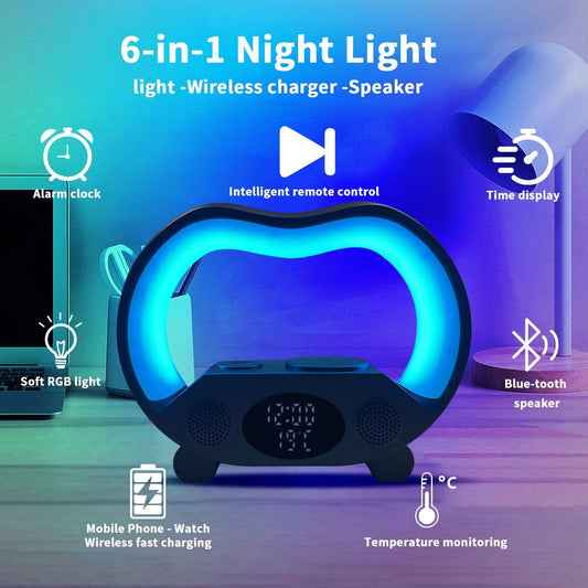 2024 New 6 In 1 Smart Remote Control Bluetooth Ambience Intelligent LED Table Lamp Multi-function Wireless Charger Night Light Bluetooth Speaker