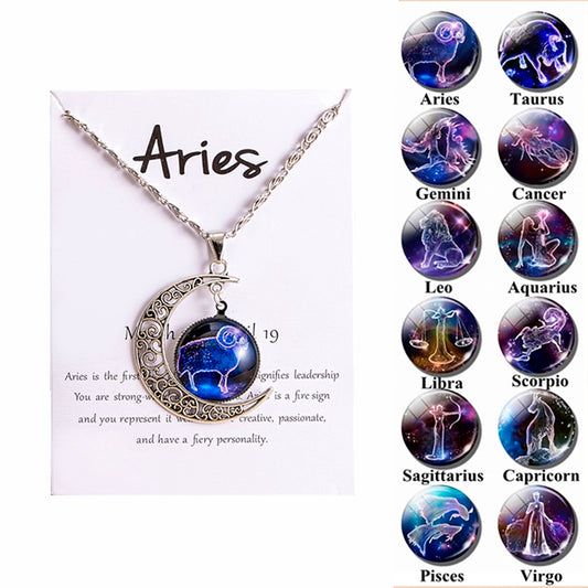 12 Zodiac Sign Glass Charms Moon Pendant Necklace
