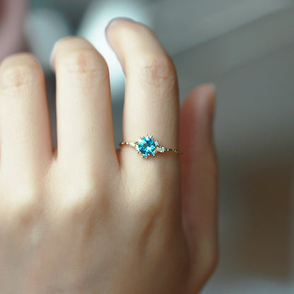 Simple retro snowflake natural blue topaz zircon ring PrestigePearls