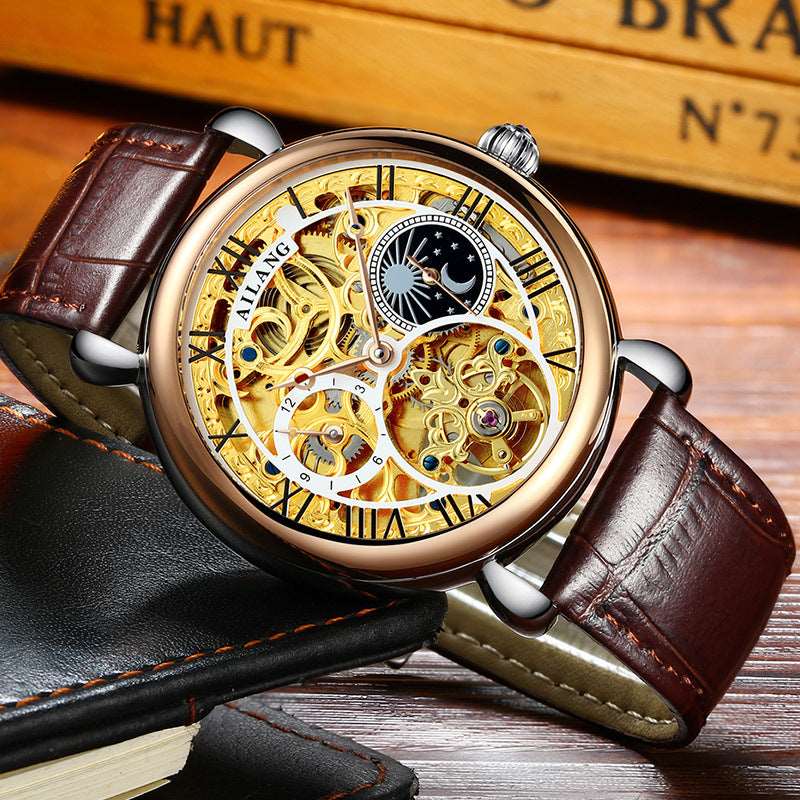 AILONG AL-6889-- Gold Hollow Movement moon phase Automatic Mechanical Watch