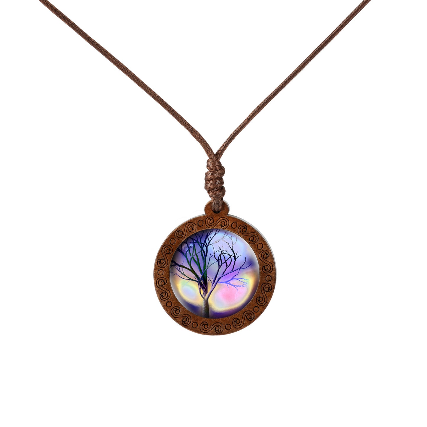 Wood Tree Of Life Time Stone Glass Pendant Necklace PrestigePearls