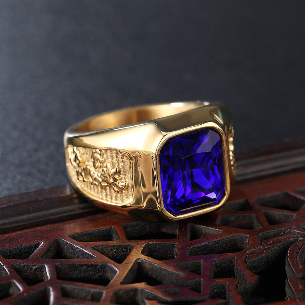 Jewelry Golden Dragon And Phoenix Gemstone Titanium Steel Ring PrestigePearls