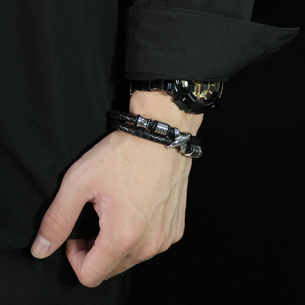 Noir Weave Leather Cuff_ Fashion Full black Multi-layer Hand-woven Leather Bracelet PrestigePearls