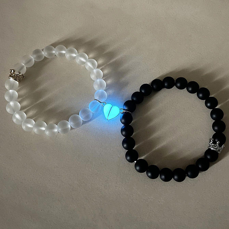 Luminous Crown Heart Bracelet Set_Fashion Jewelry 2pcs Handmade Crown Beaded Charms Bracelet Luminou Heart Glow In The Dark PrestigePearls