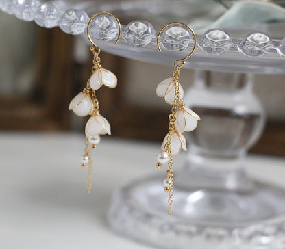 Handmade Flower Bell Orchid Petal Flower Long Tassel Earrings PrestigePearls