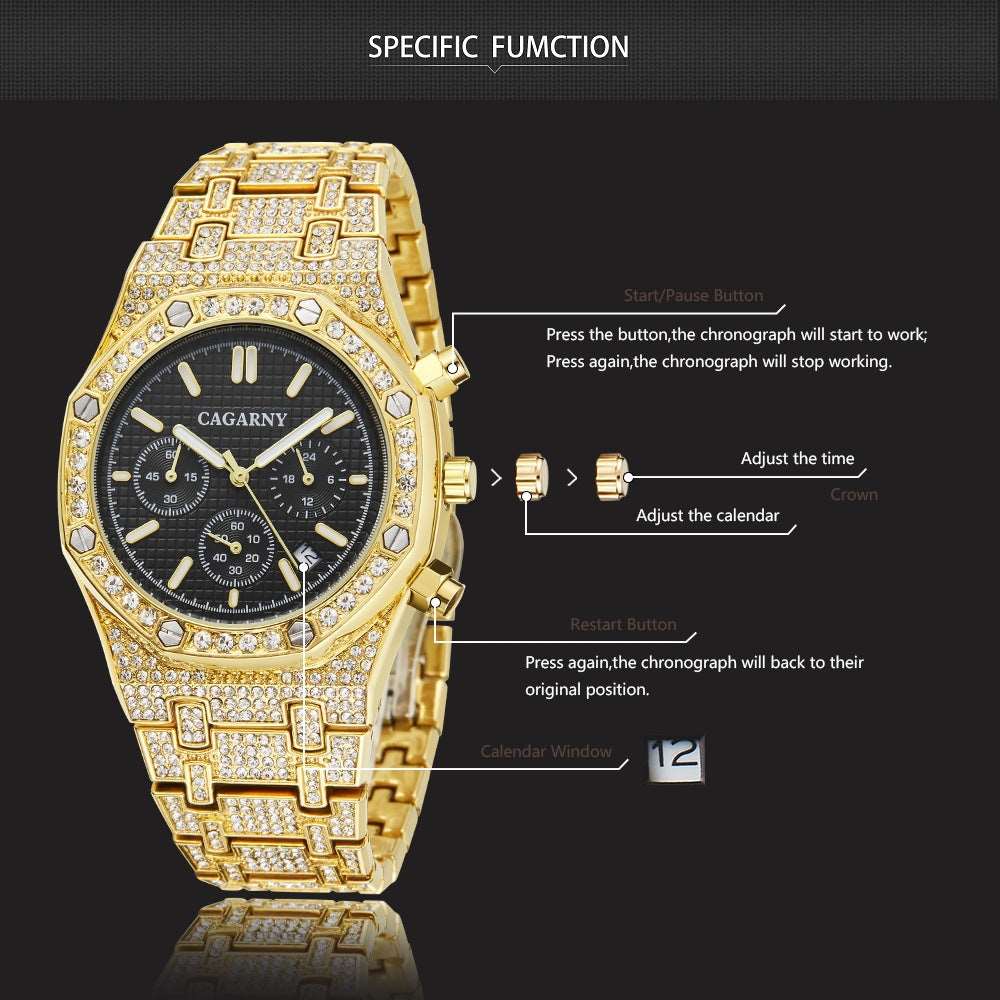 CAGARNY 6881--Shang Sports Business Men's Watch With Gold And Diamonds