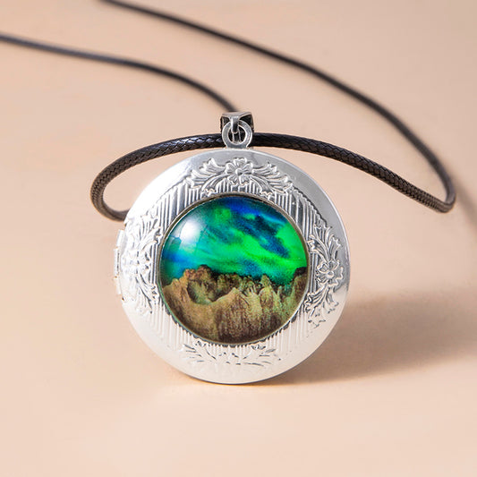 Nebula Aurora Mountain Locket Necklace Vintage Glass Photo Frame Pendant Necklaces PrestigePearls