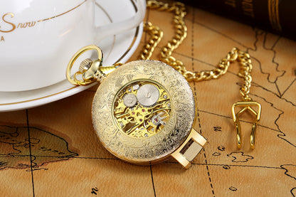 ORKINA-- Flip Manual Mechanical Pocket Watch Roman Engraved Skeleton PrestigePearls