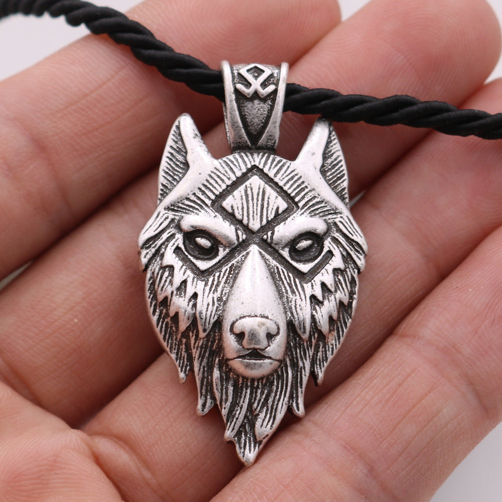 Viking Wolf Head Metal Necklace Luna Rune Amulet - prestigepearls