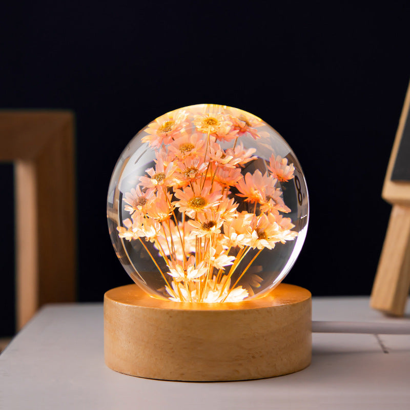 LED Night Light Flower Crystal Ball Children Night Lamp With Woodern Base Bedroom Ambient Light Creative Gift Night Light - prestigepearls