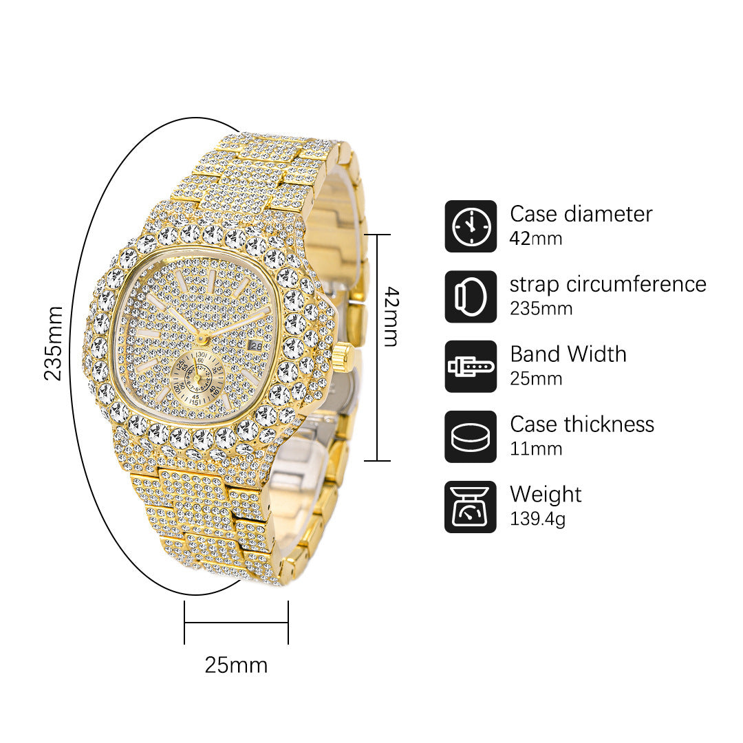 Full Diamond Hip Hop Calendar Luminous Quartz Waterproof Business Men's Gold Watch PrestigePearls