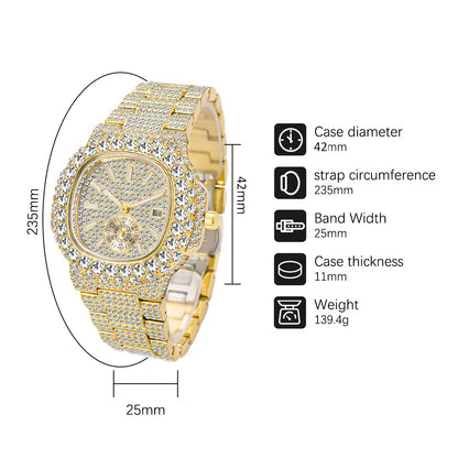 Full Diamond Hip Hop Calendar Luminous Quartz Waterproof Business Men's Gold Watch PrestigePearls