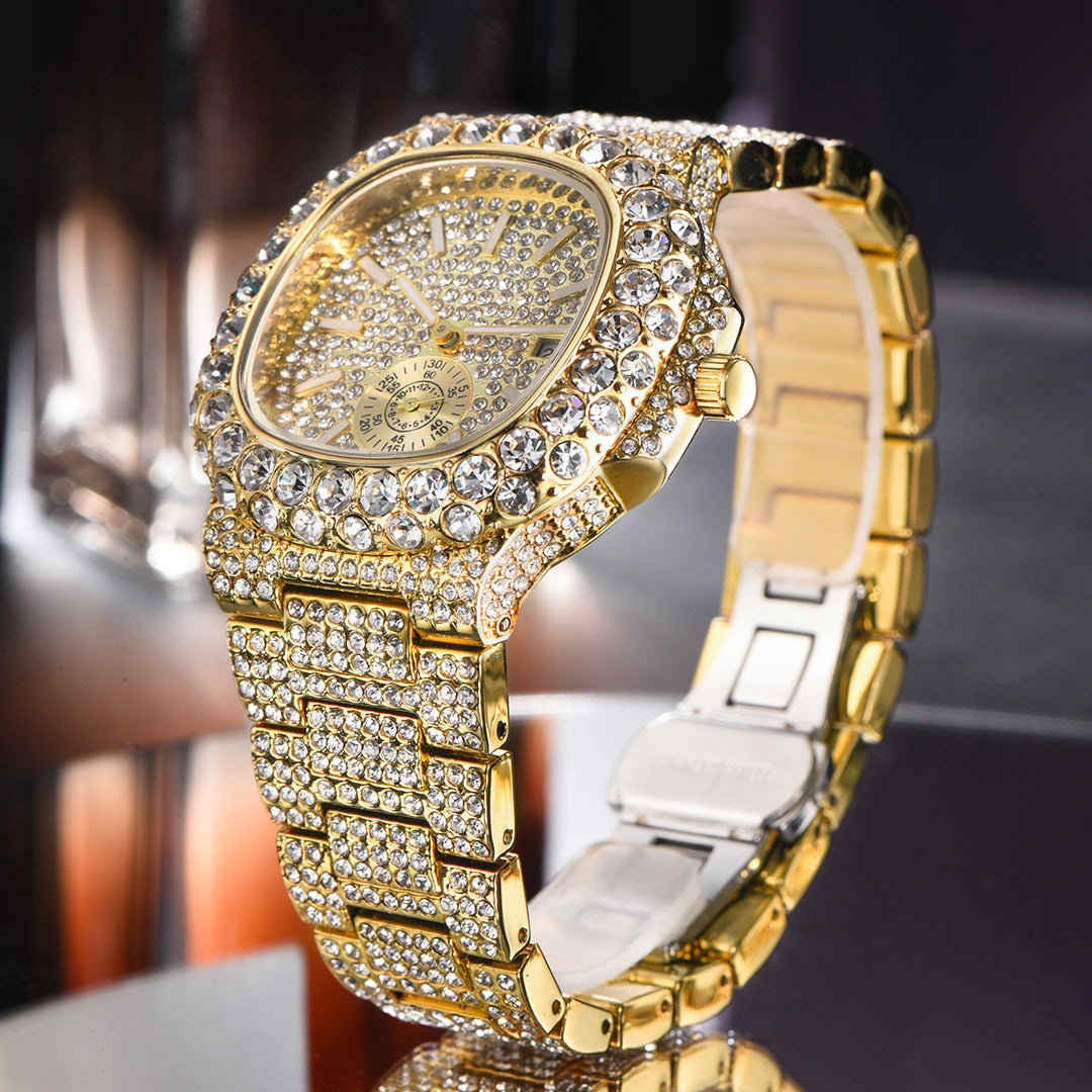 Full Diamond Hip Hop Calendar Luminous Quartz Waterproof Business Men's Gold Watch PrestigePearls