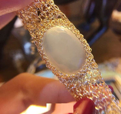 14k Gold Wire Natural White Chalcedony Bracelet