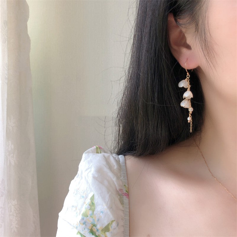 Handmade Flower Bell Orchid Petal Flower Long Tassel Earrings PrestigePearls