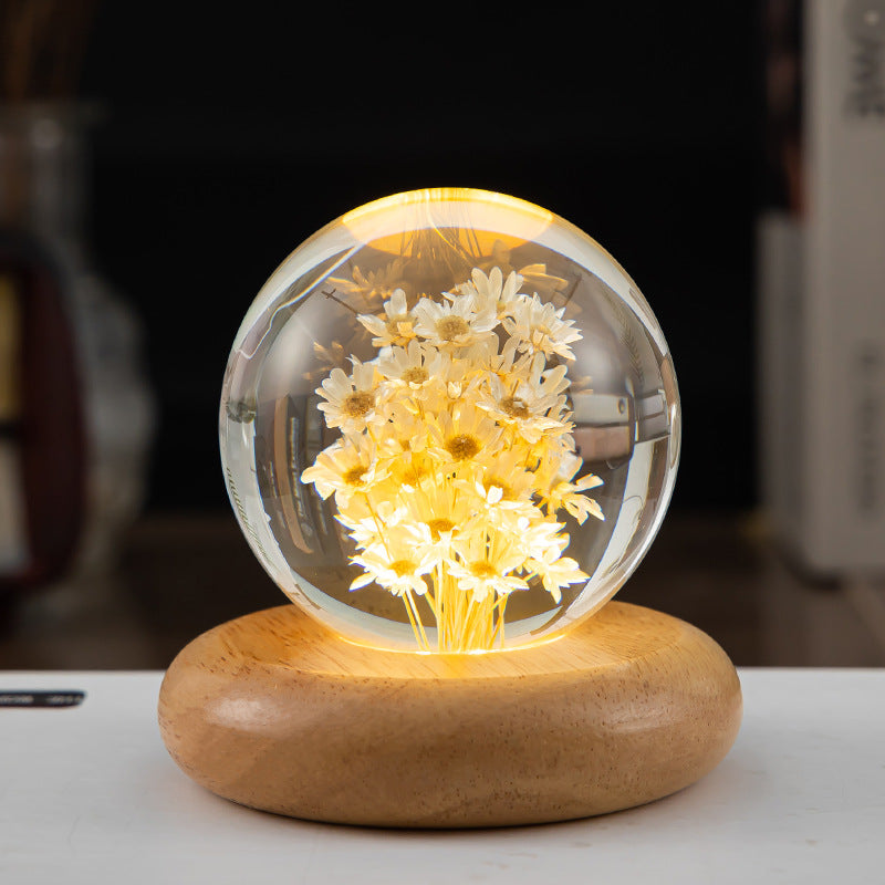 LED Night Light Flower Crystal Ball Children Night Lamp With Woodern Base Bedroom Ambient Light Creative Gift Night Light - prestigepearls